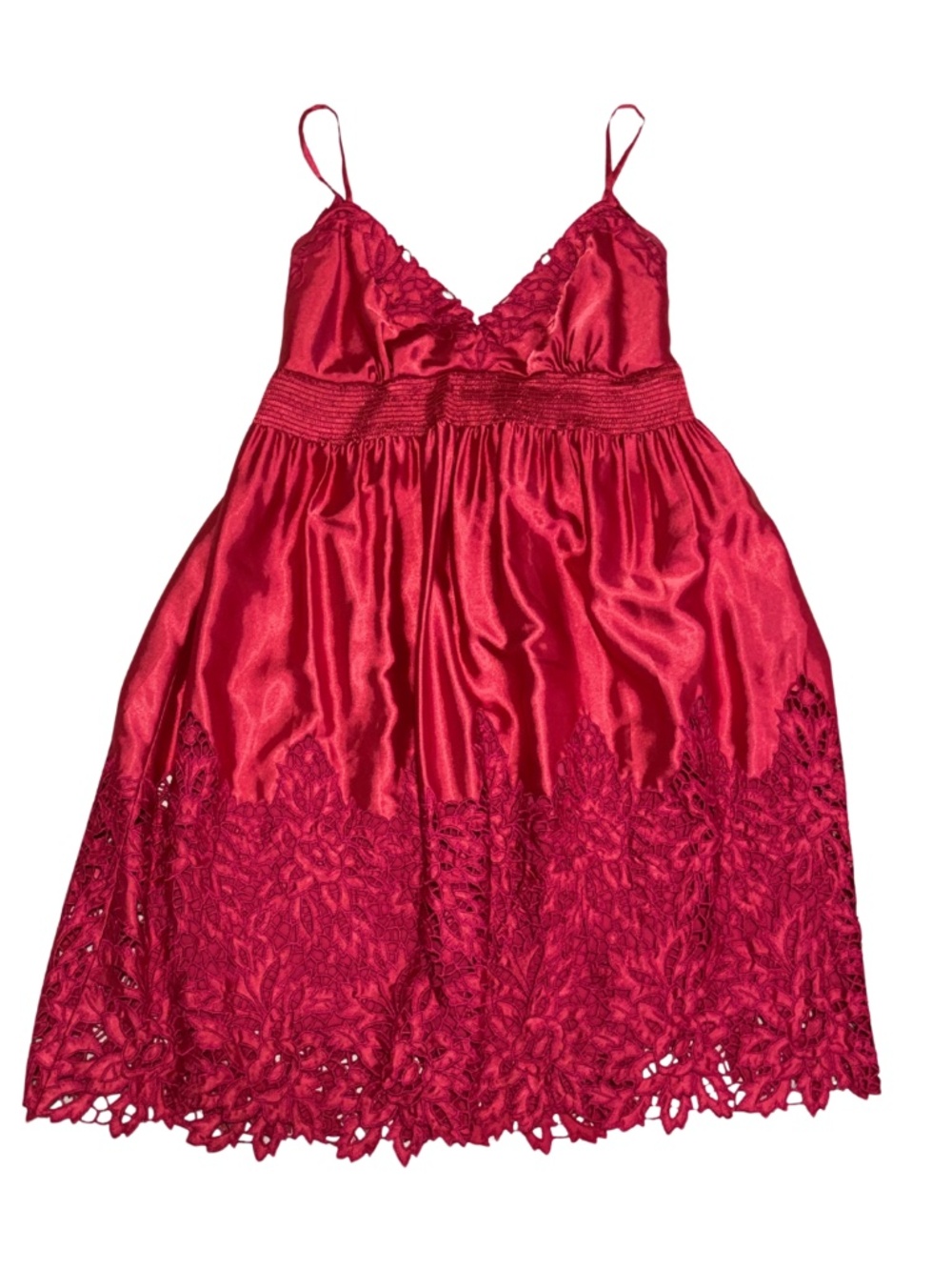 (NWOT) Ariella Red Satin Lace Mini Dress Smocked Waist Spaghetti Strap Small